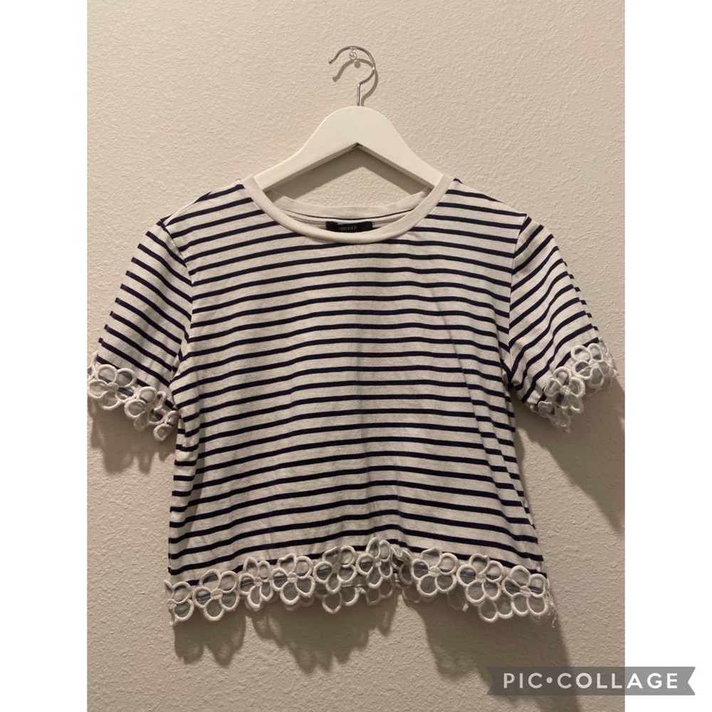 Forever 21 Navy blue and white stripes crop top with floral designs on sleeves